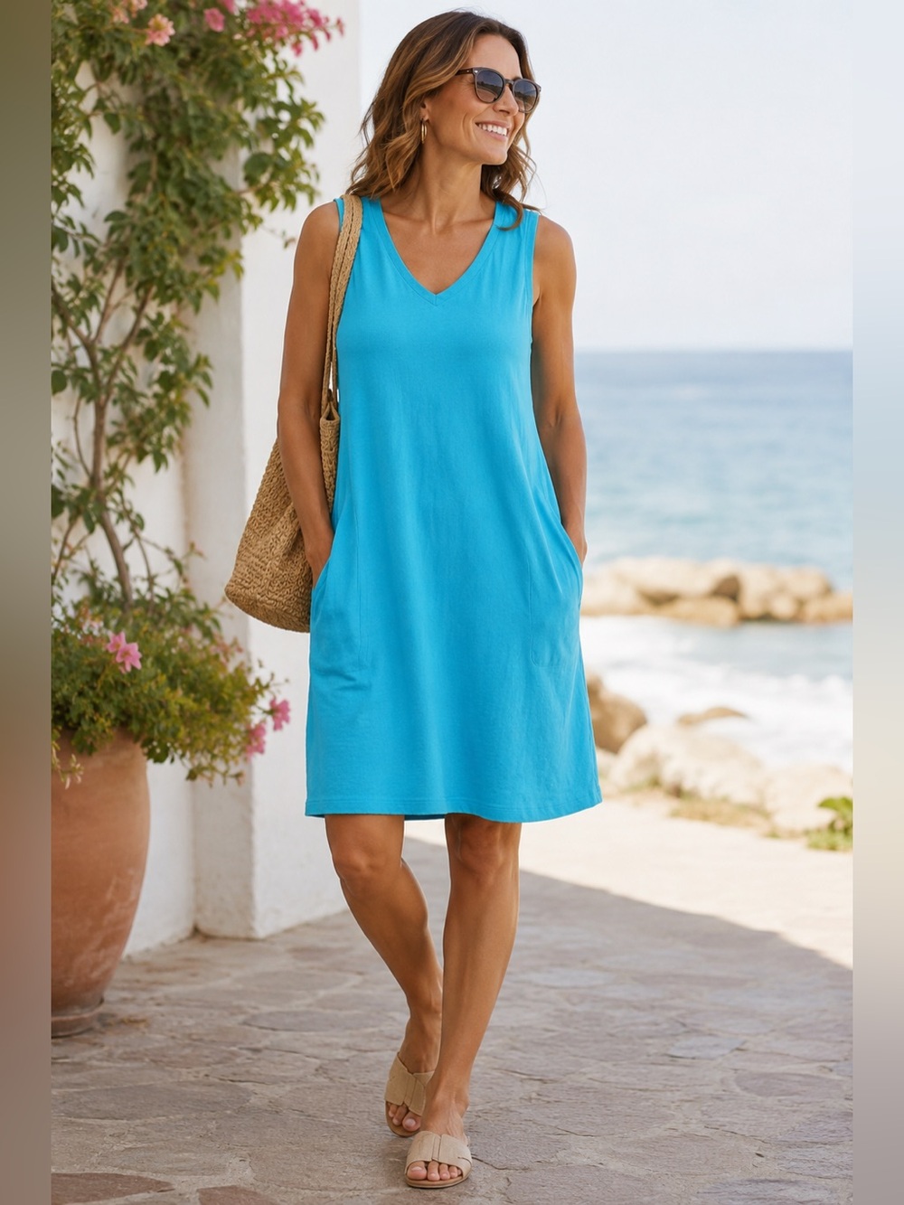 Lands’ End Cotton Tank Dress Blue Sleeveless Pockets Beach Cover Up L
